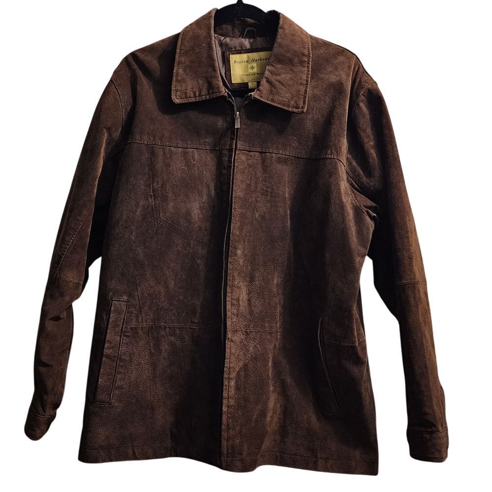 Boston Harbour Brown Leather Jacket Outdoor Wear Classic Zip Front Coat Size L